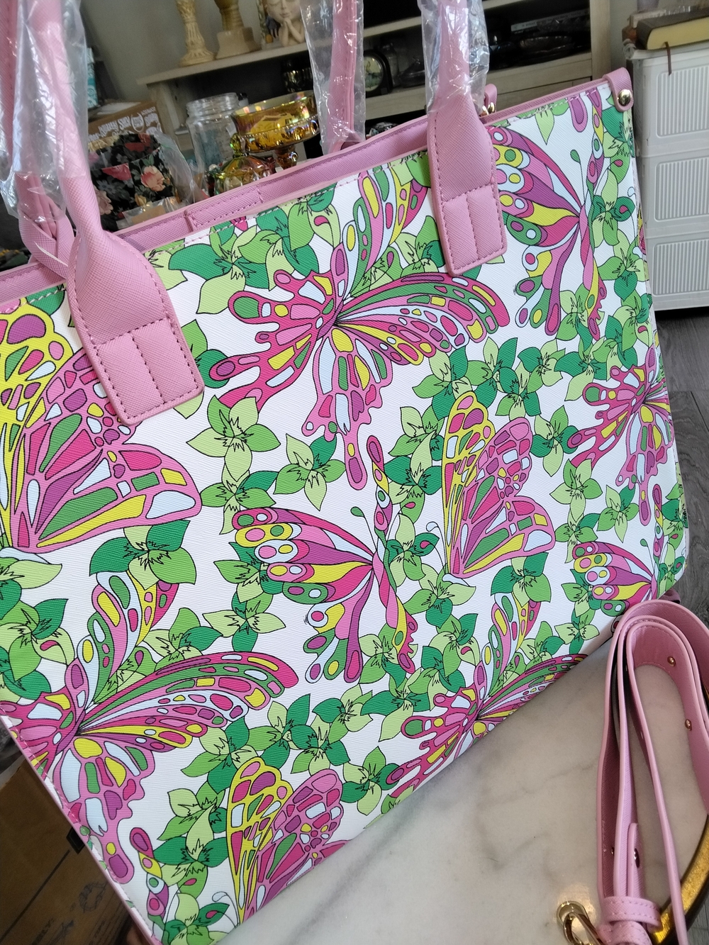 Pink Butterfly Print Tote Bag - Floral Butterfly Design New